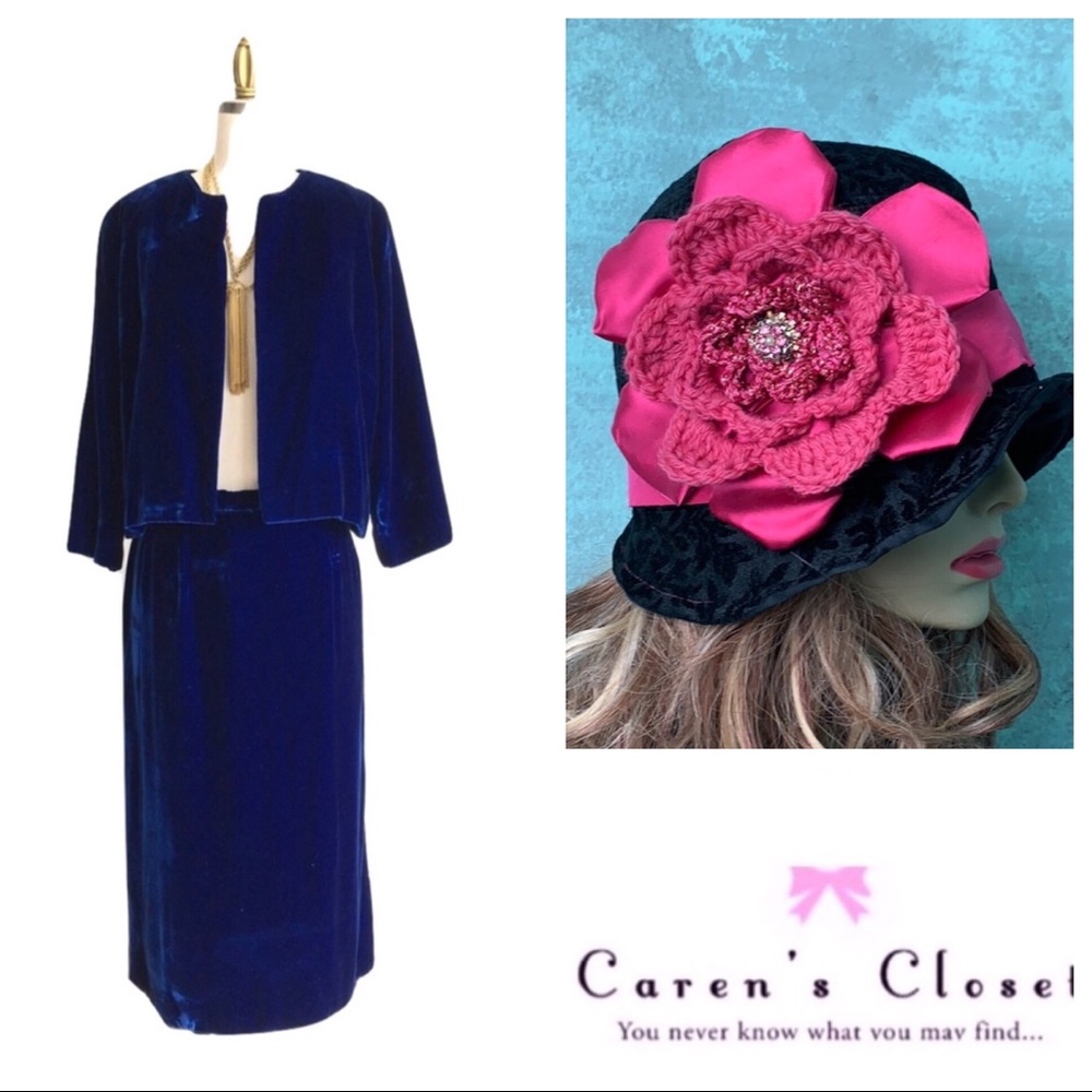 Vintage Royal Blue Velvet Pencil Skirt Suit